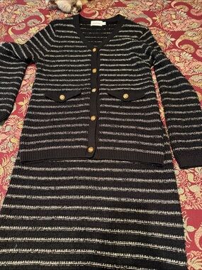 Black and White Striped Button Cardigan Sweater